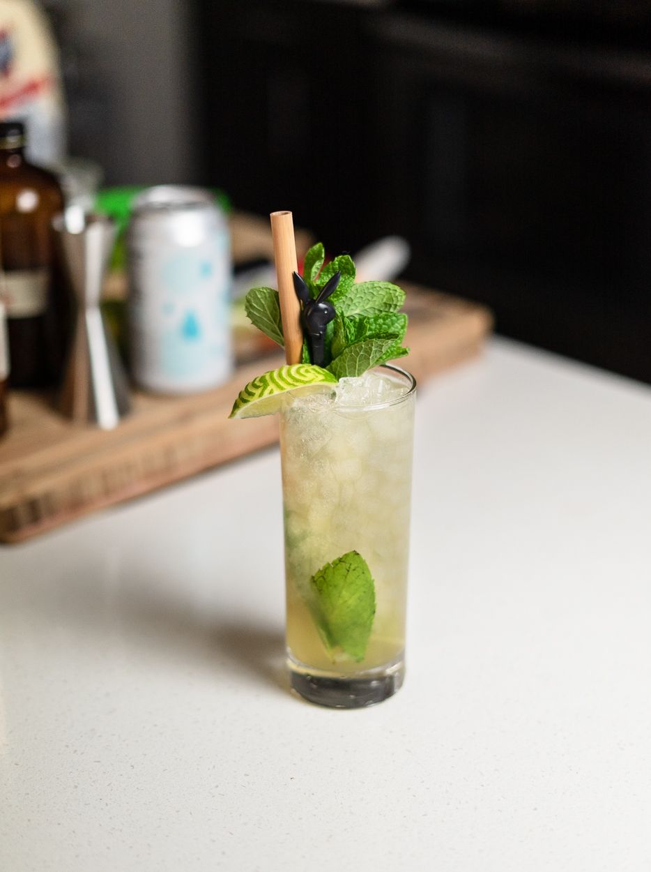 cocktail in a highball with mint garnish and lime