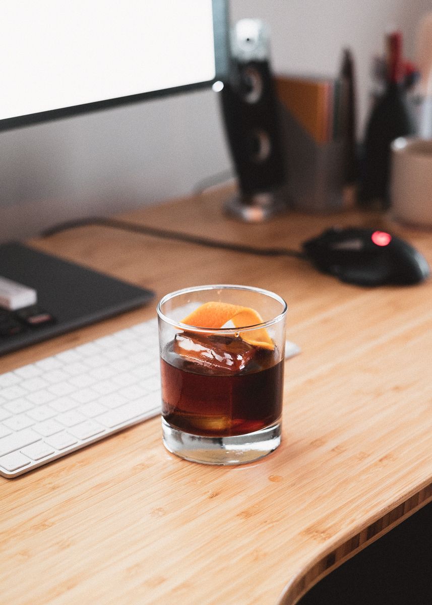 cold brew old fashioned drink on a work desk