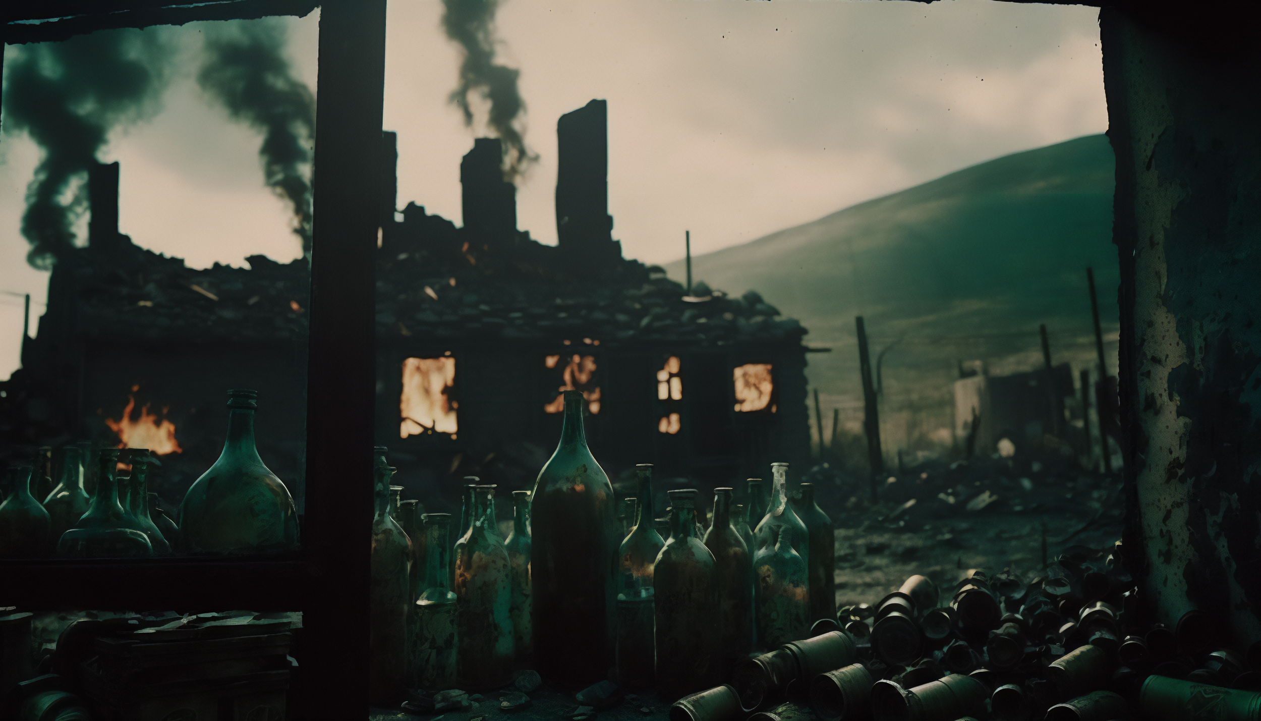 a dystopian image of numerous bottles of wine and liquor on the floor. in the background is a house on fire.