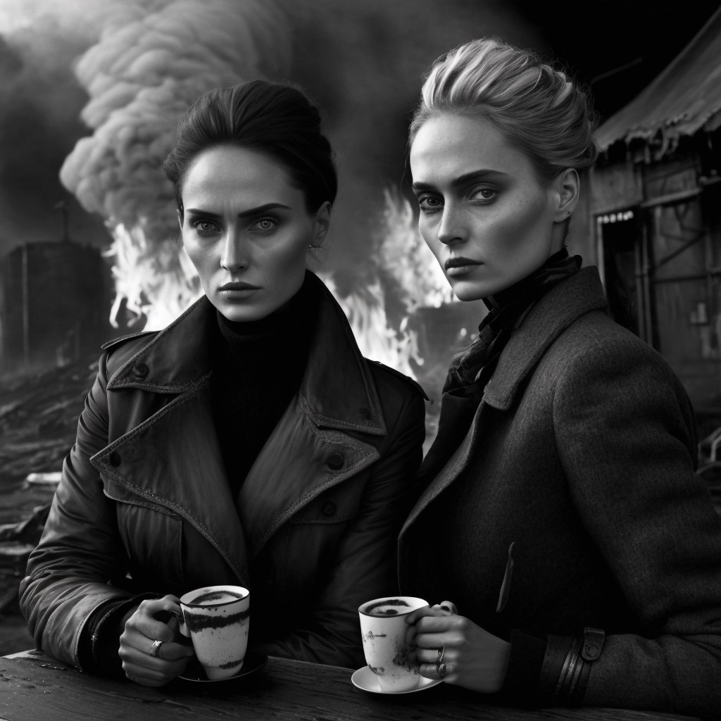 two women drinking coffee, behind them a village on fire